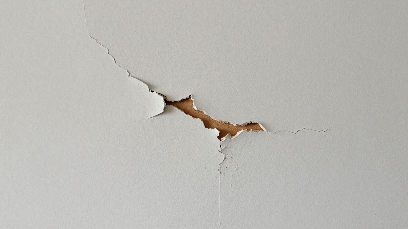 Damaged plaster wall with a visible hollow gap.