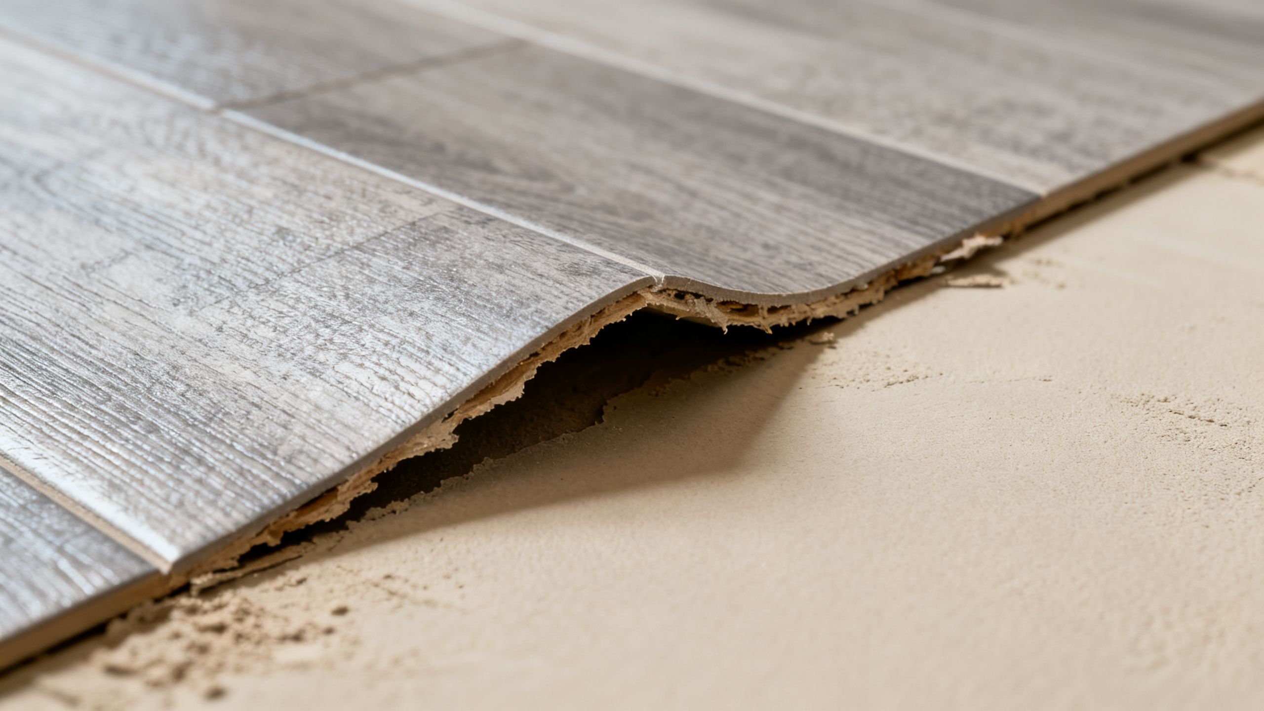 A close-up showing a vinyl floor edge lifted where the subfloor is uneven, alongside a smooth correctly prepared area