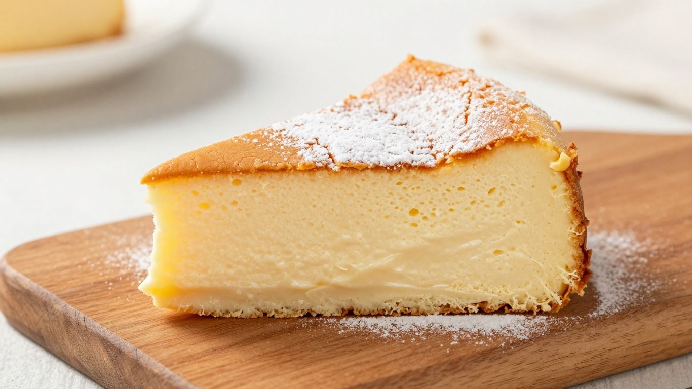 Jiggly Japanese yogurt cheesecake with powdered sugar dusting.