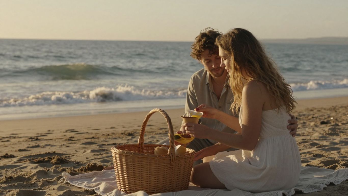 Couple having a romantic beach picnic at sunset.