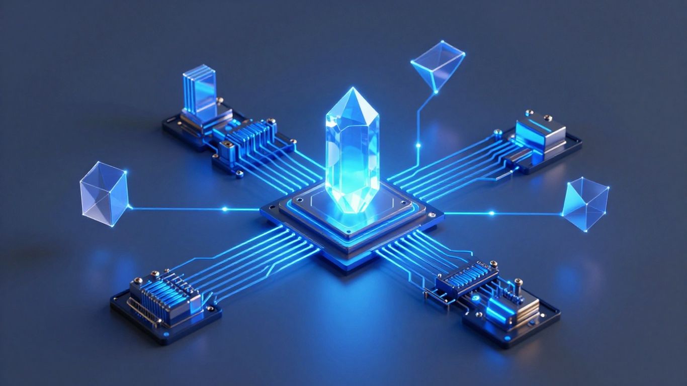 Digital circuit board with glowing blue connections and a central crystal.