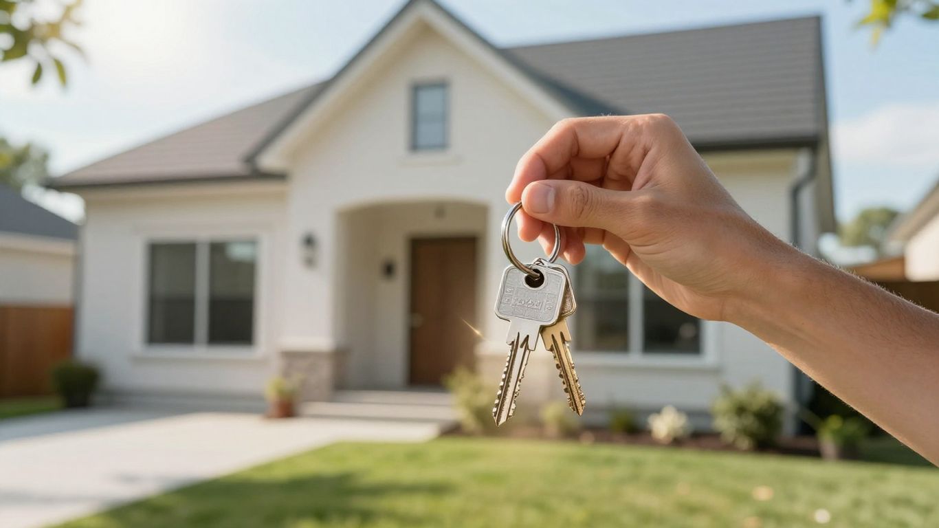 Casa con llaves y sol brillante.