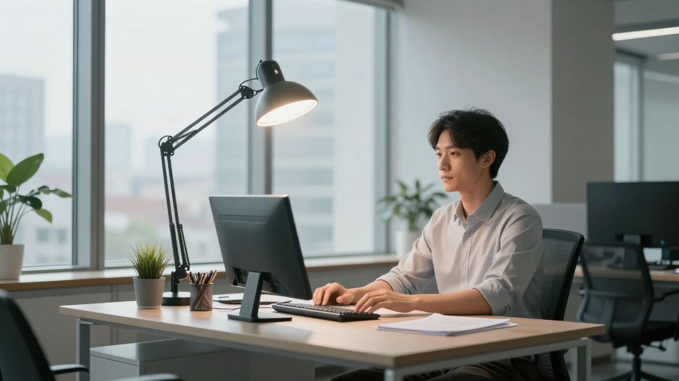 Person arbeitet unter hellem Licht am Schreibtisch.