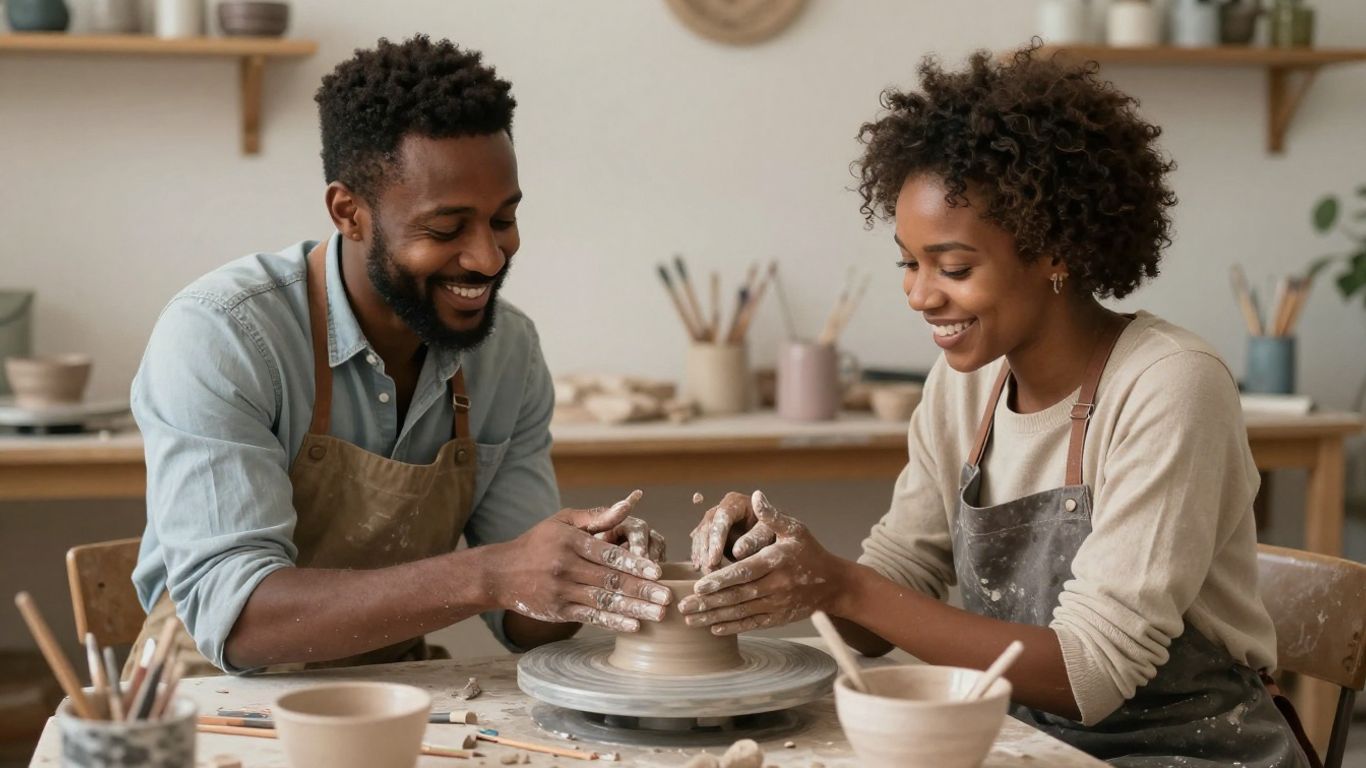 Couple making pottery together on Valentine's Day.