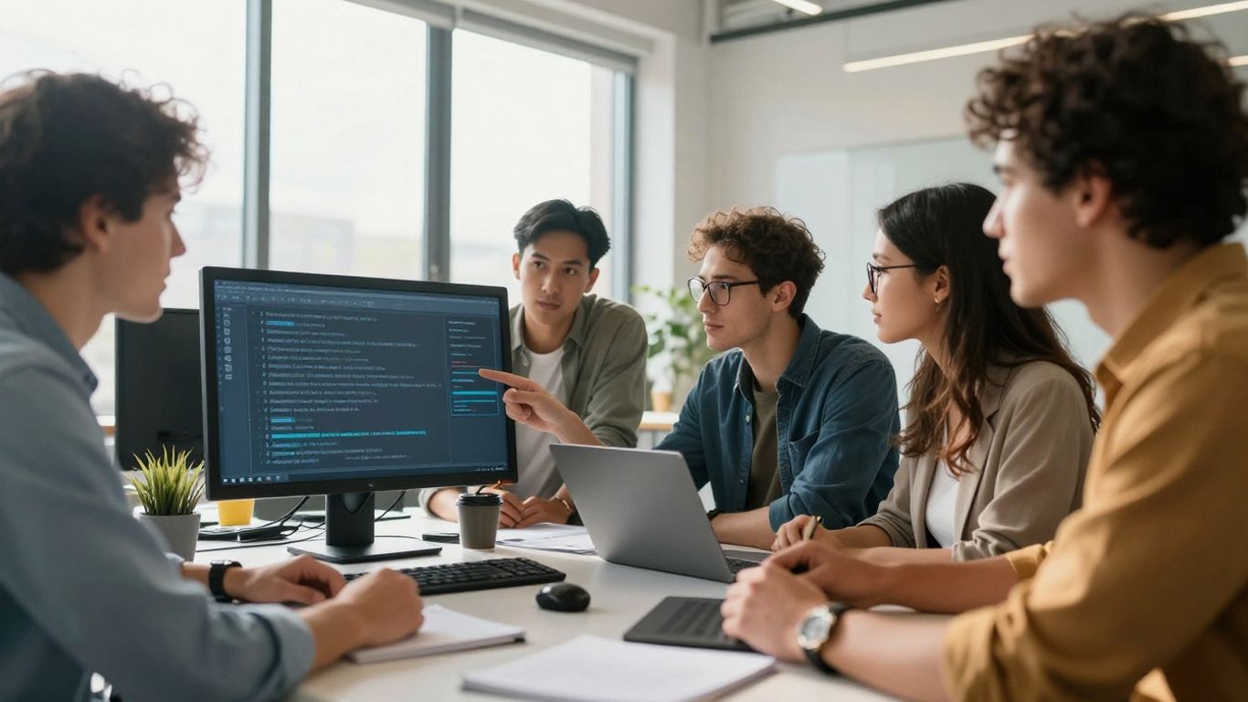 People learning digital marketing in a bright, modern office.