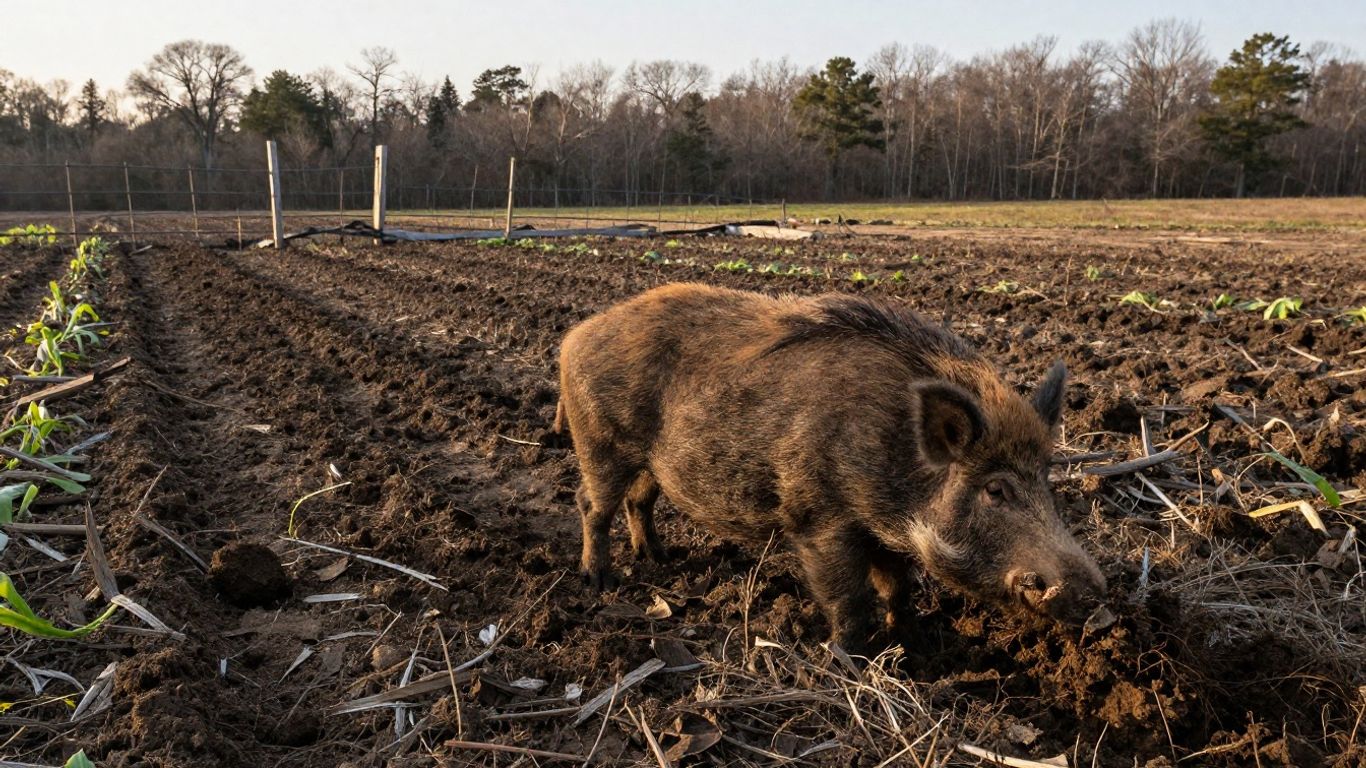 Feral hogs rooting through damaged farmland