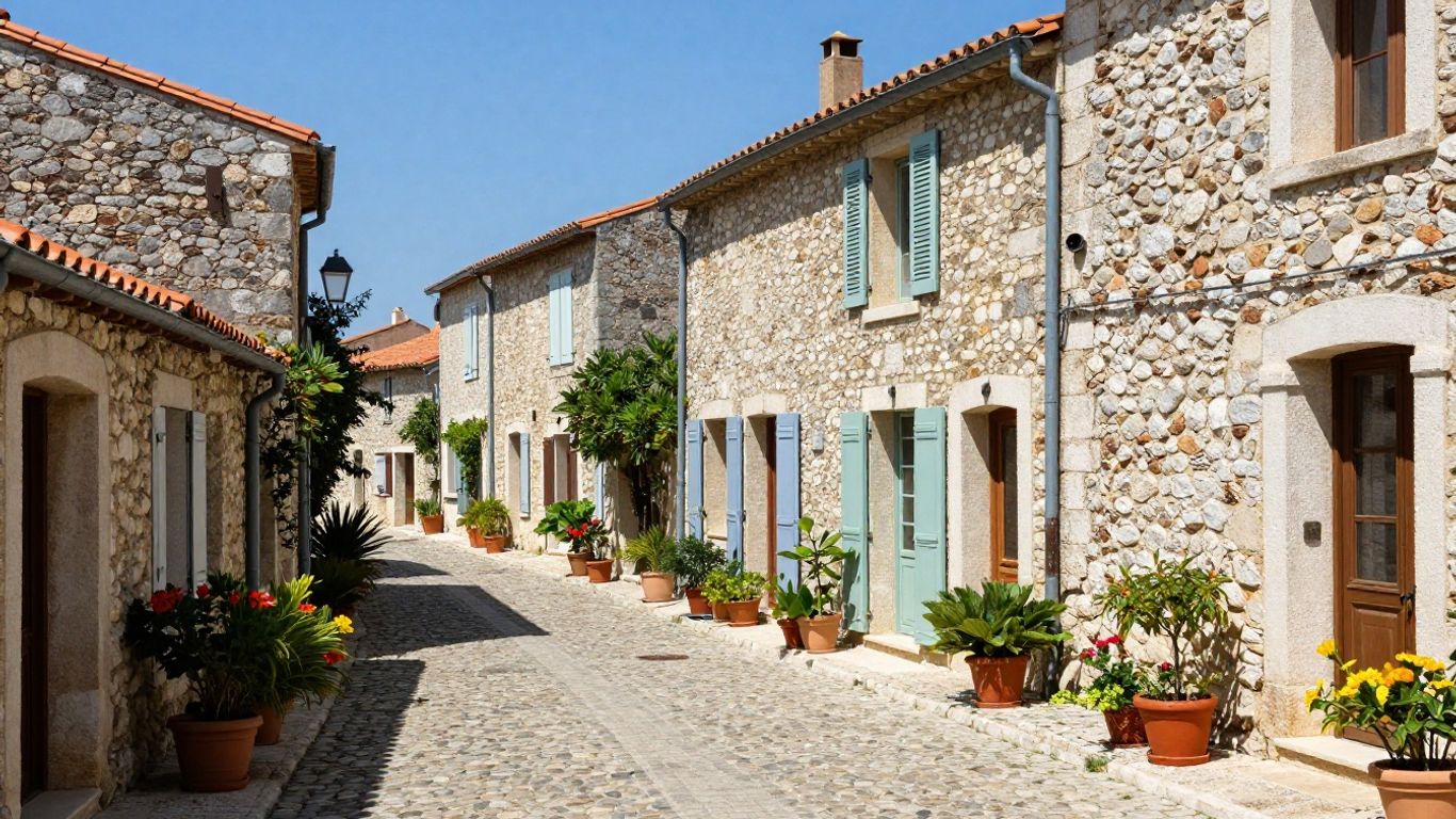 Cobblestone street in Saint-Paul-de-Vence with stone buildings.