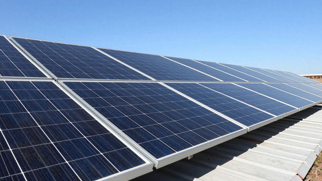 Solar panels on a rooftop under a blue sky.