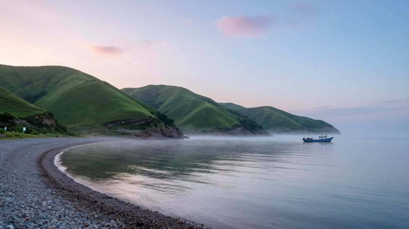 Quiet shoreline beside green hills at dawn