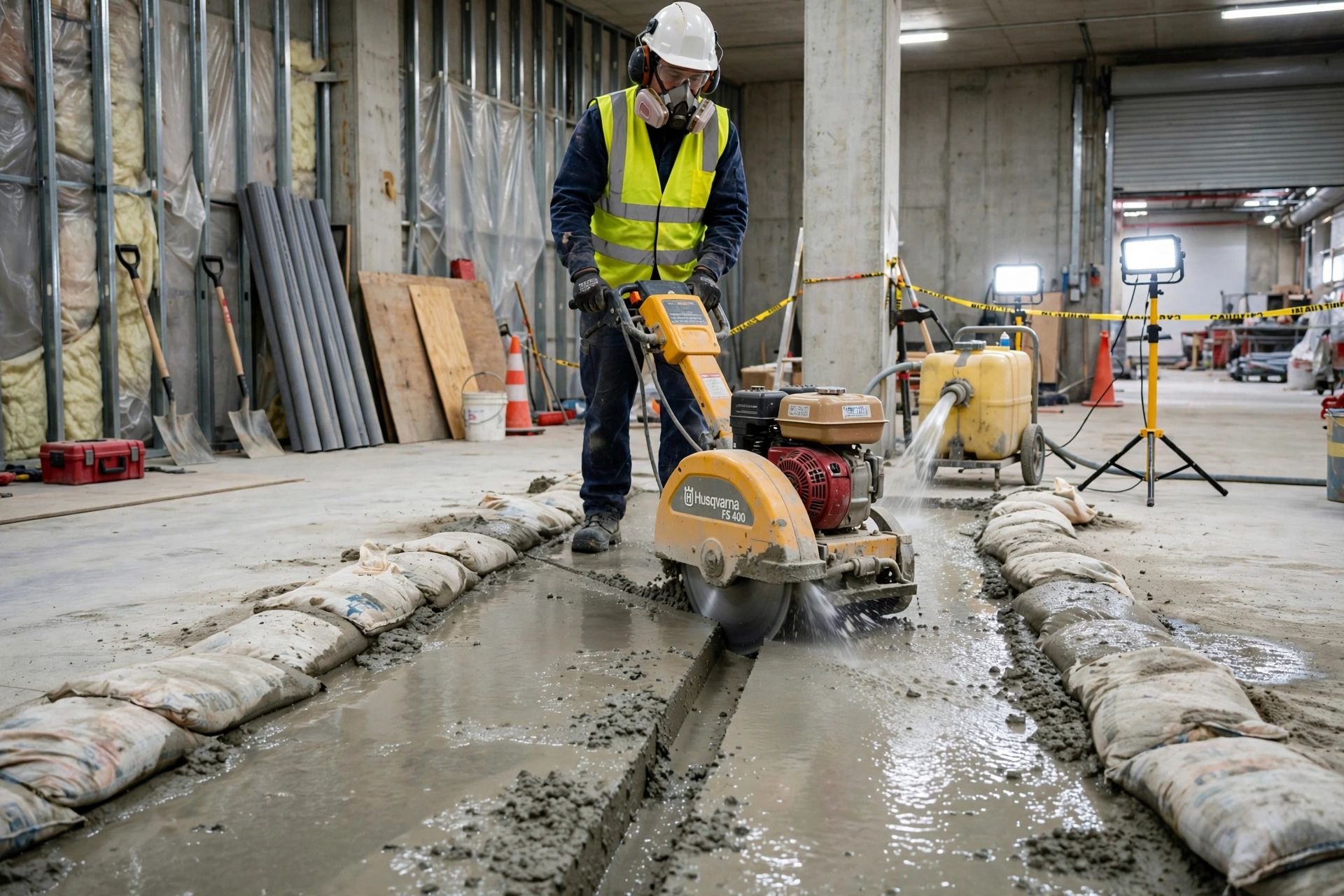 Floor saw making a straight trench cut through a concrete slab indoors, with the operator controlling the saw and water and slurry contained around the cutting line
