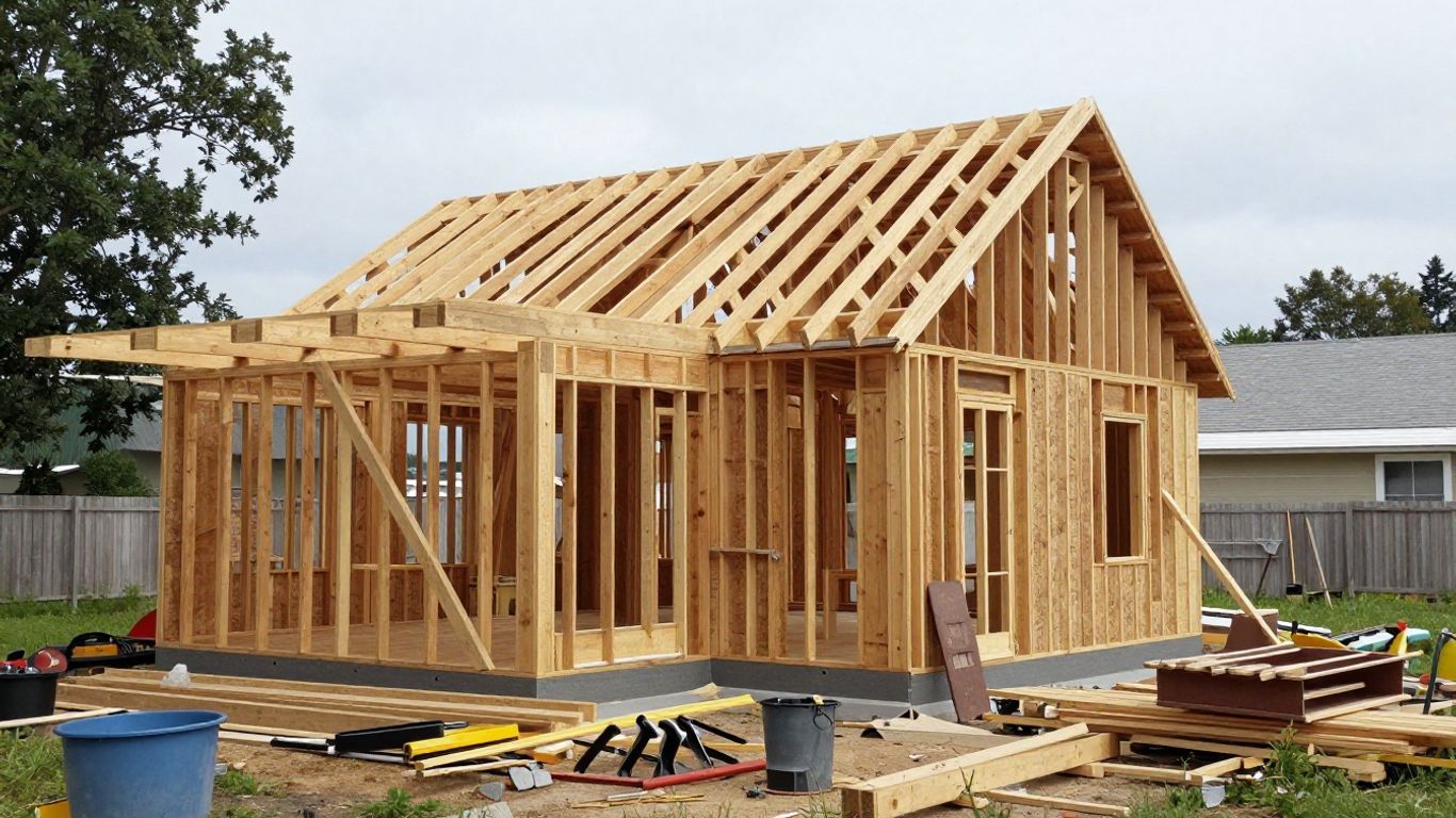 House under construction with building materials