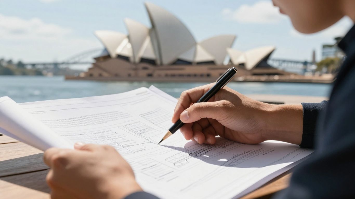 Person planning business with Australian landmarks in background.