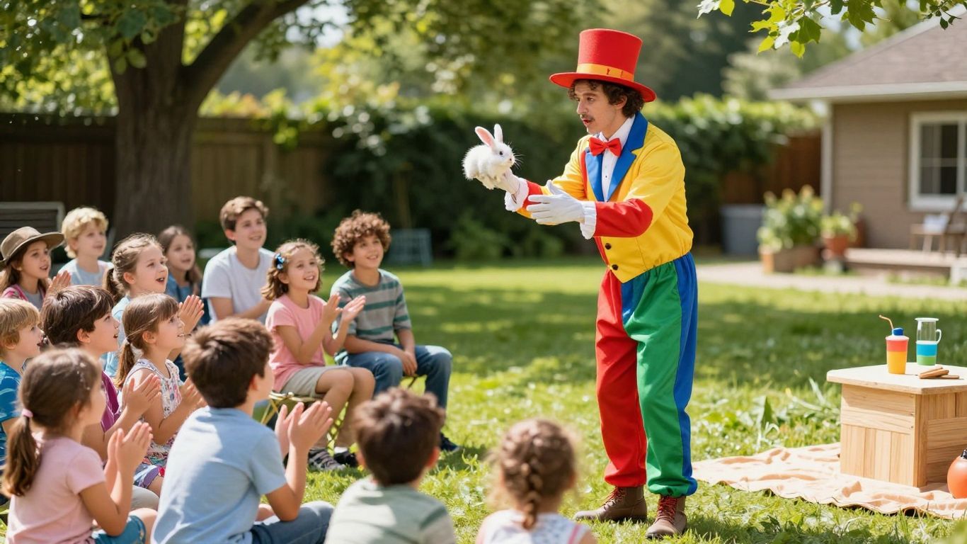 Magician performing a trick for excited children outdoors.