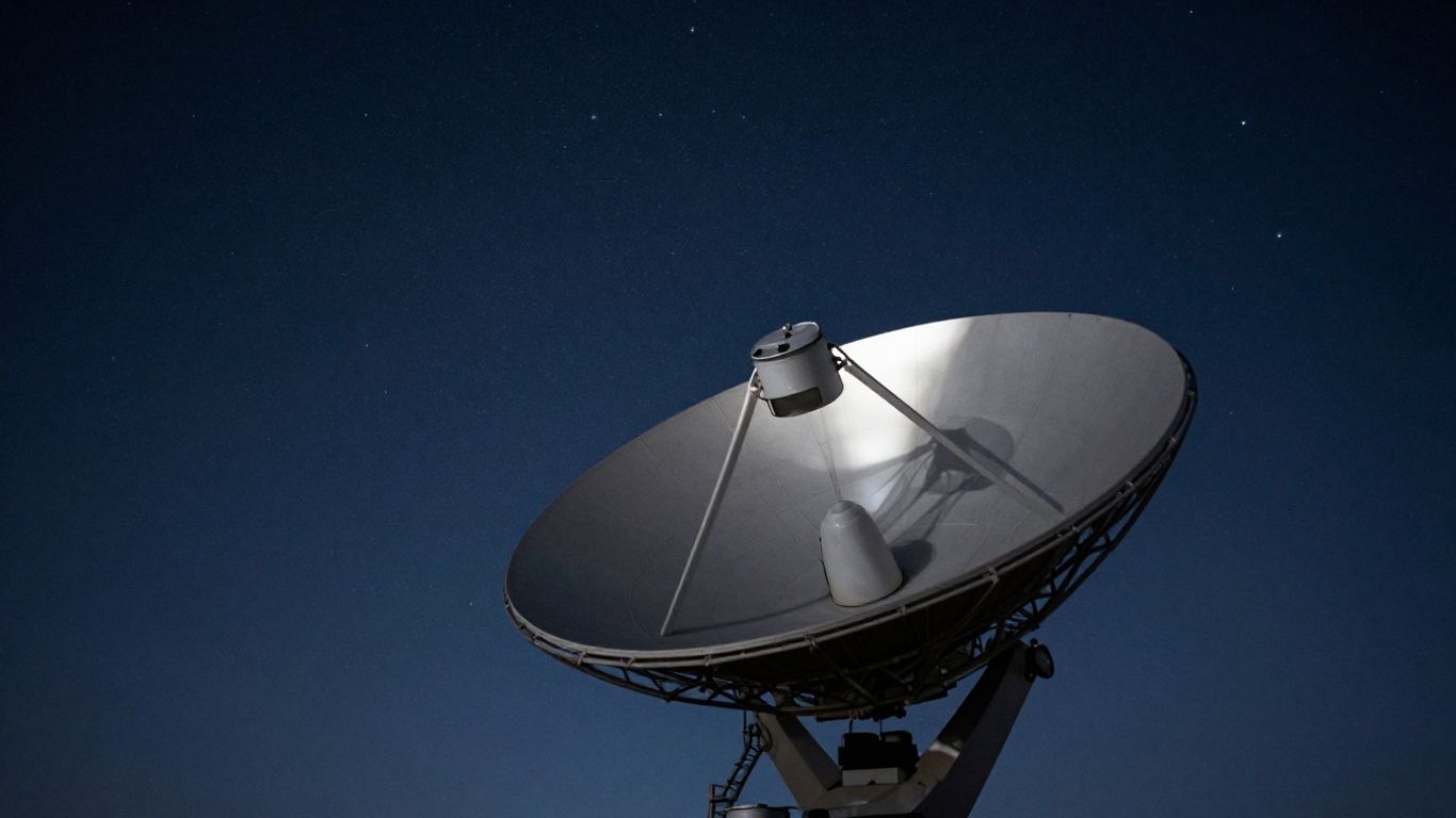 Satellite dish against a starry night sky.