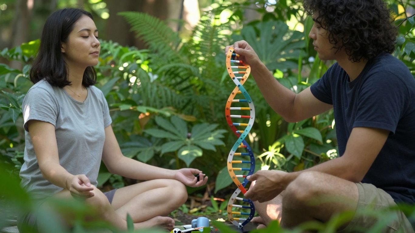 Person meditating near plants and DNA helix model.