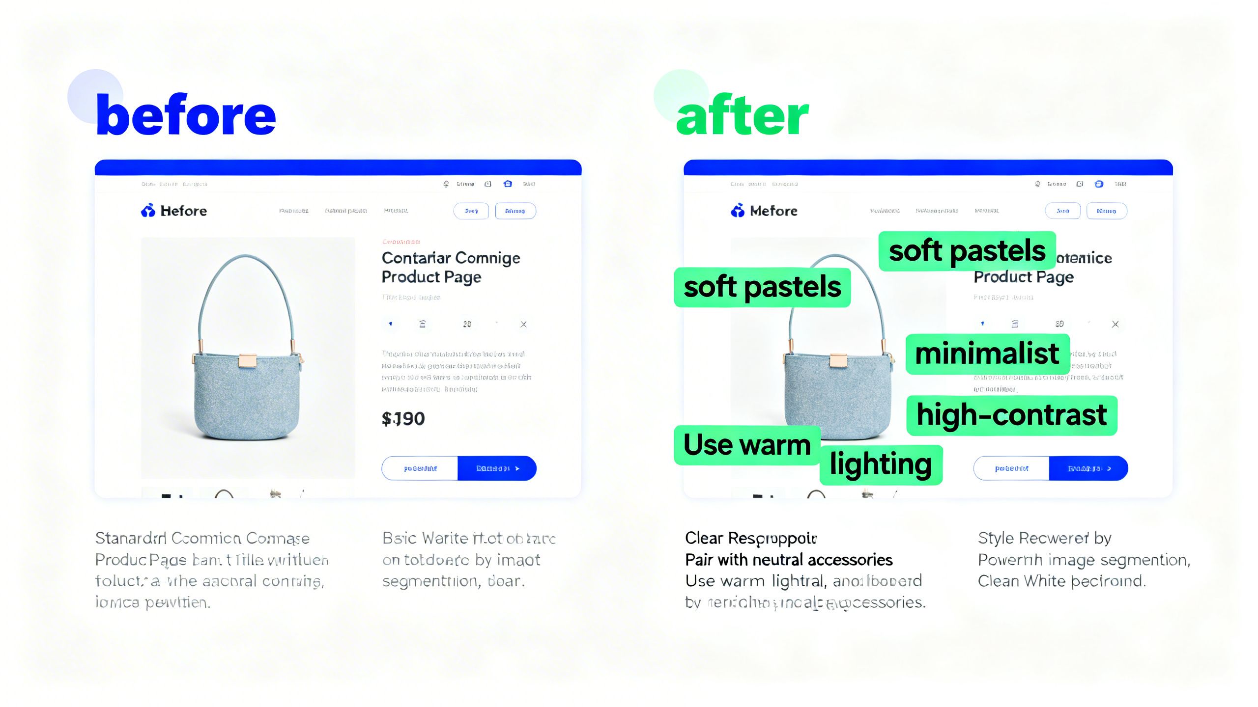 A before-and-after comparison of an eCommerce product page, with the 'after' showing rich, auto-generated visual tags and style recommendations powered by image segmentation.