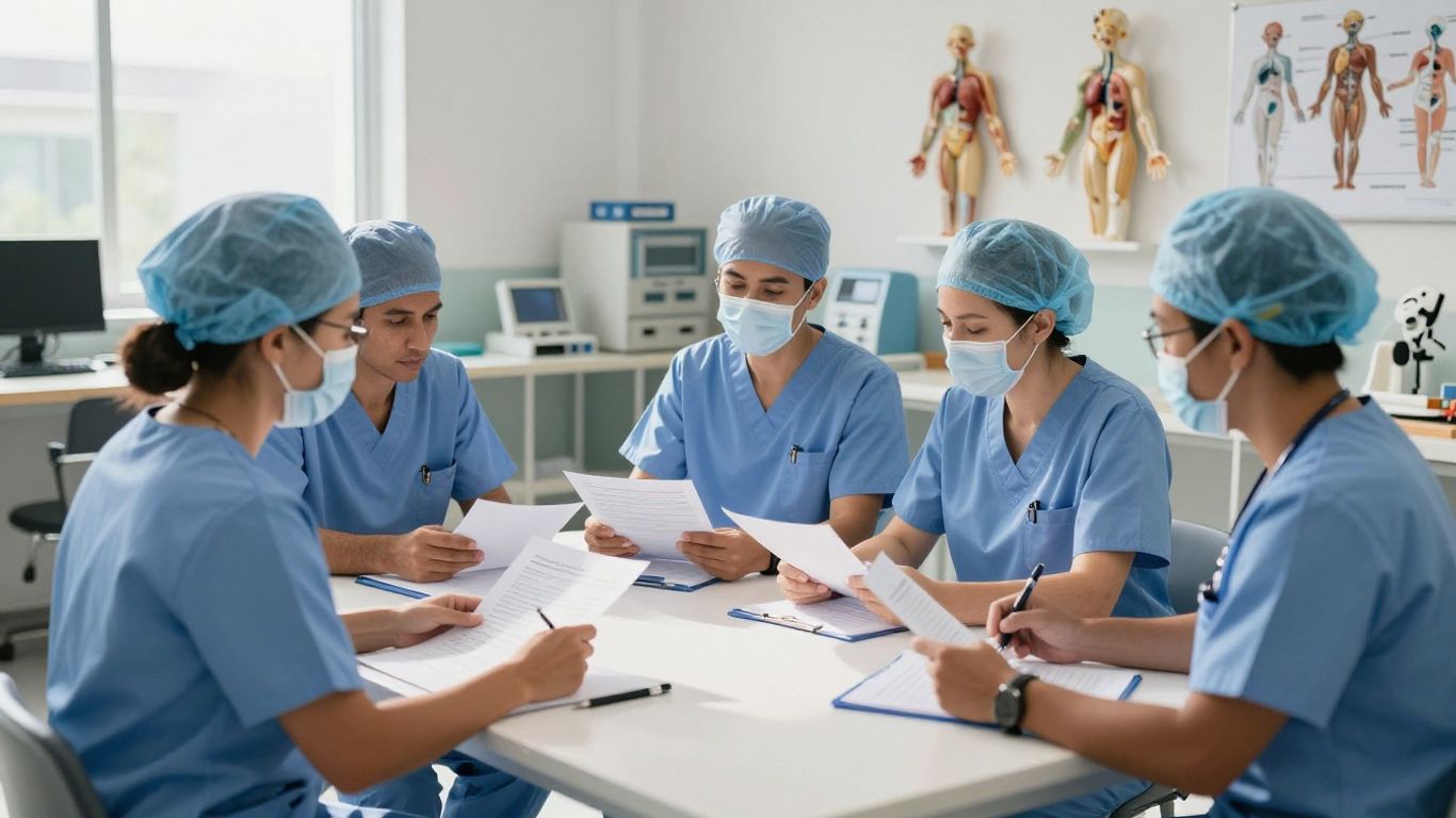 Students learning in a healthcare training program.