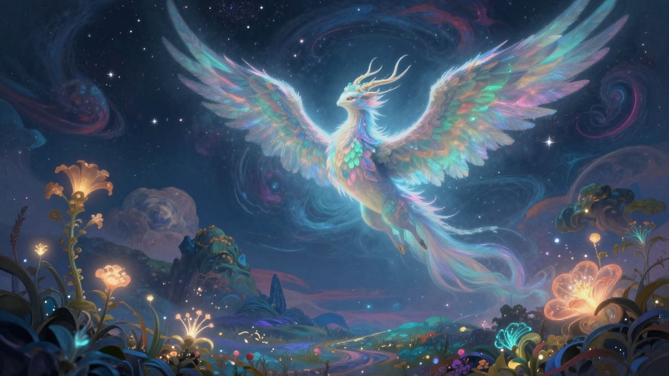 Criatura etérea voando em paisagem digital mágica.