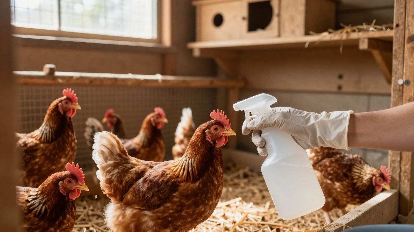 Kurczaki w czystym kurniku podczas dezynfekcji sprayem