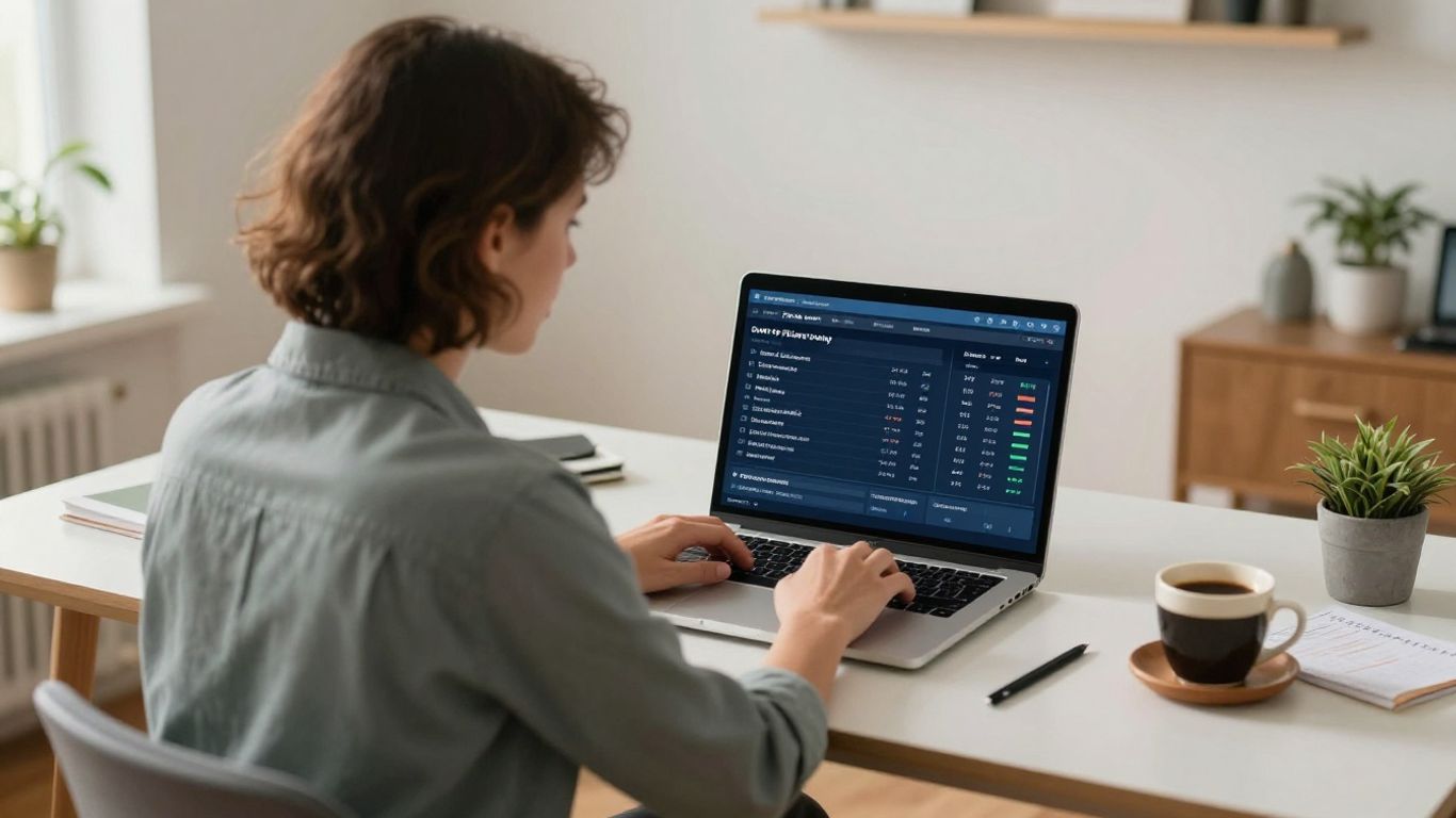 A traveler looks at a laptop while browsing flights