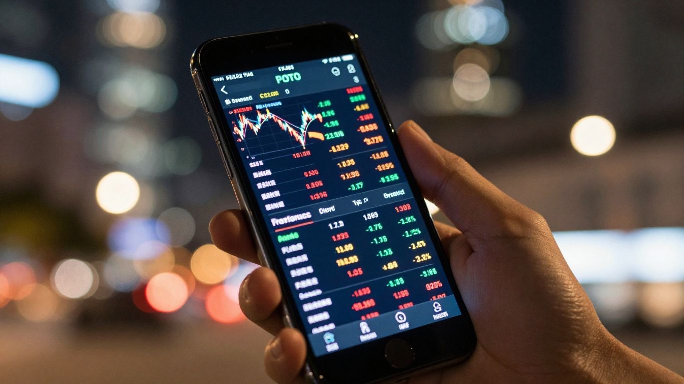 Hand holding smartphone with stock market app.