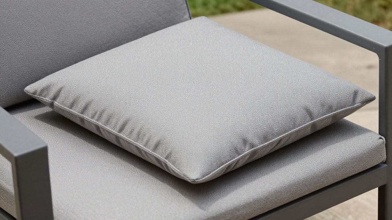 Patio cushions on a chair, one slightly askew.
