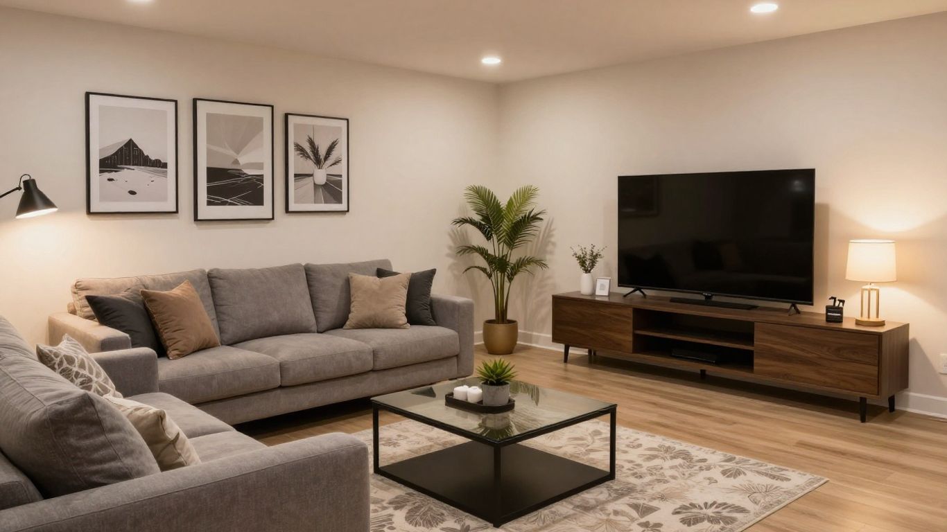 Modern basement remodel with seating and lighting.