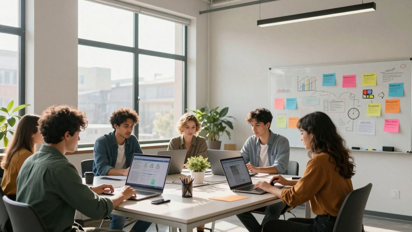 Team collaborating on digital marketing strategy in modern office.