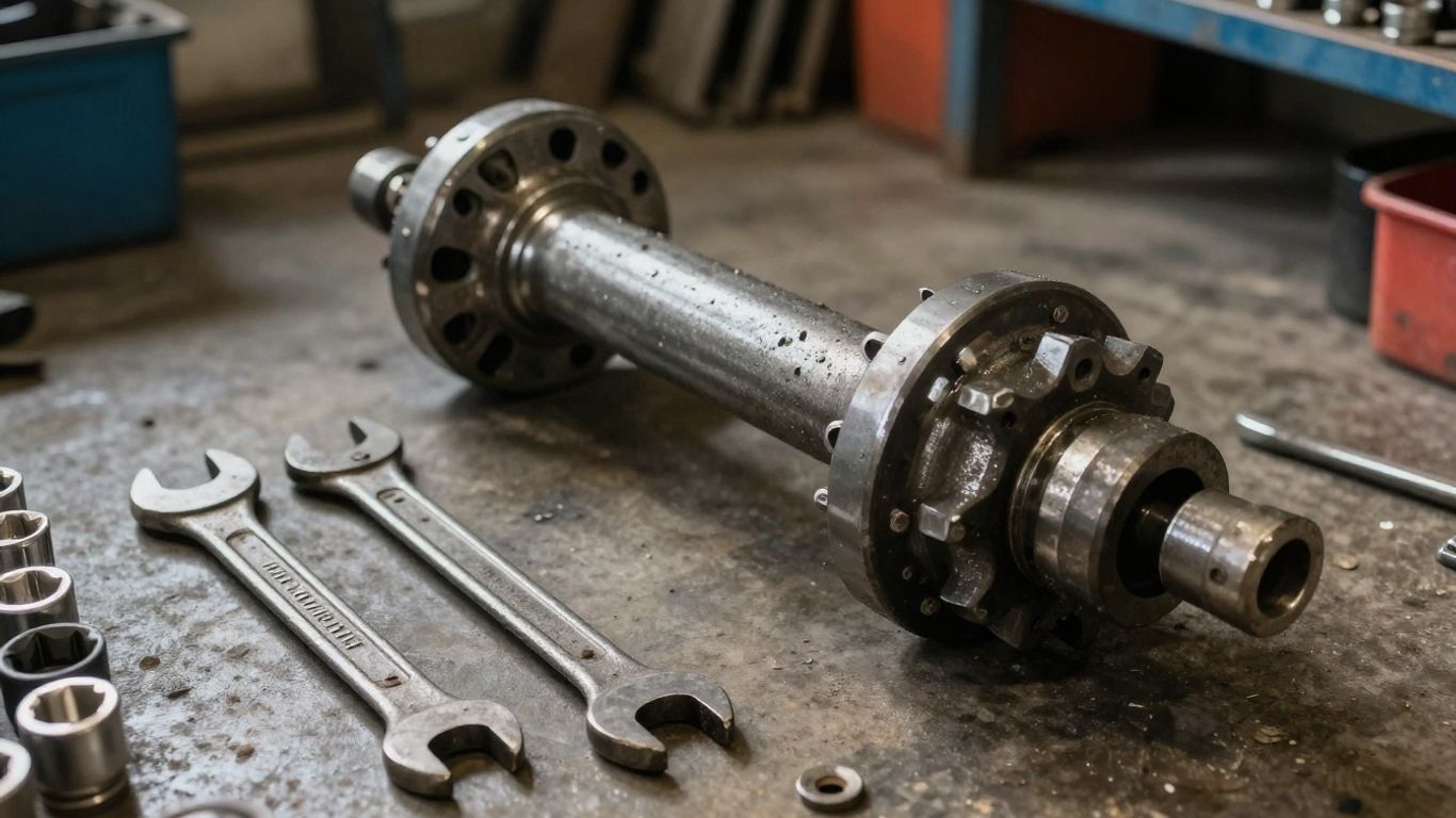 Tools displayed next to a salvaged axle assembly