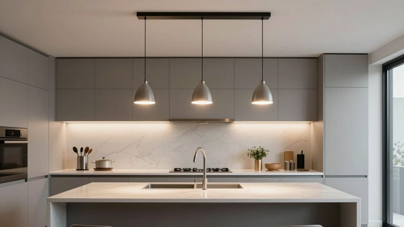 Three stylish pendant lights over a kitchen island.