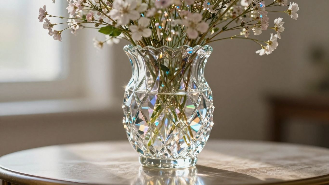 Elegant crystal vase with flowers, sparkling in light.
