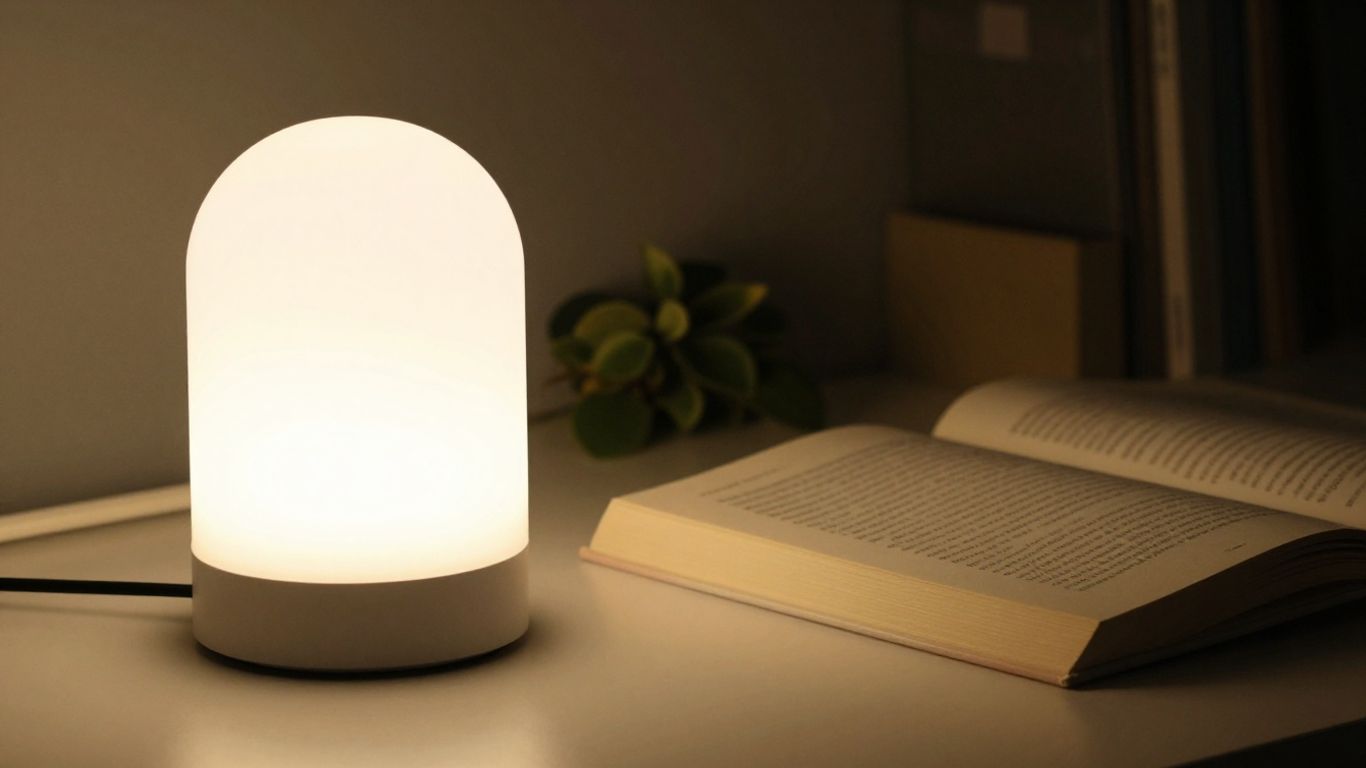 Eine helle Lampe beleuchtet einen Schreibtisch mit einer Pflanze.