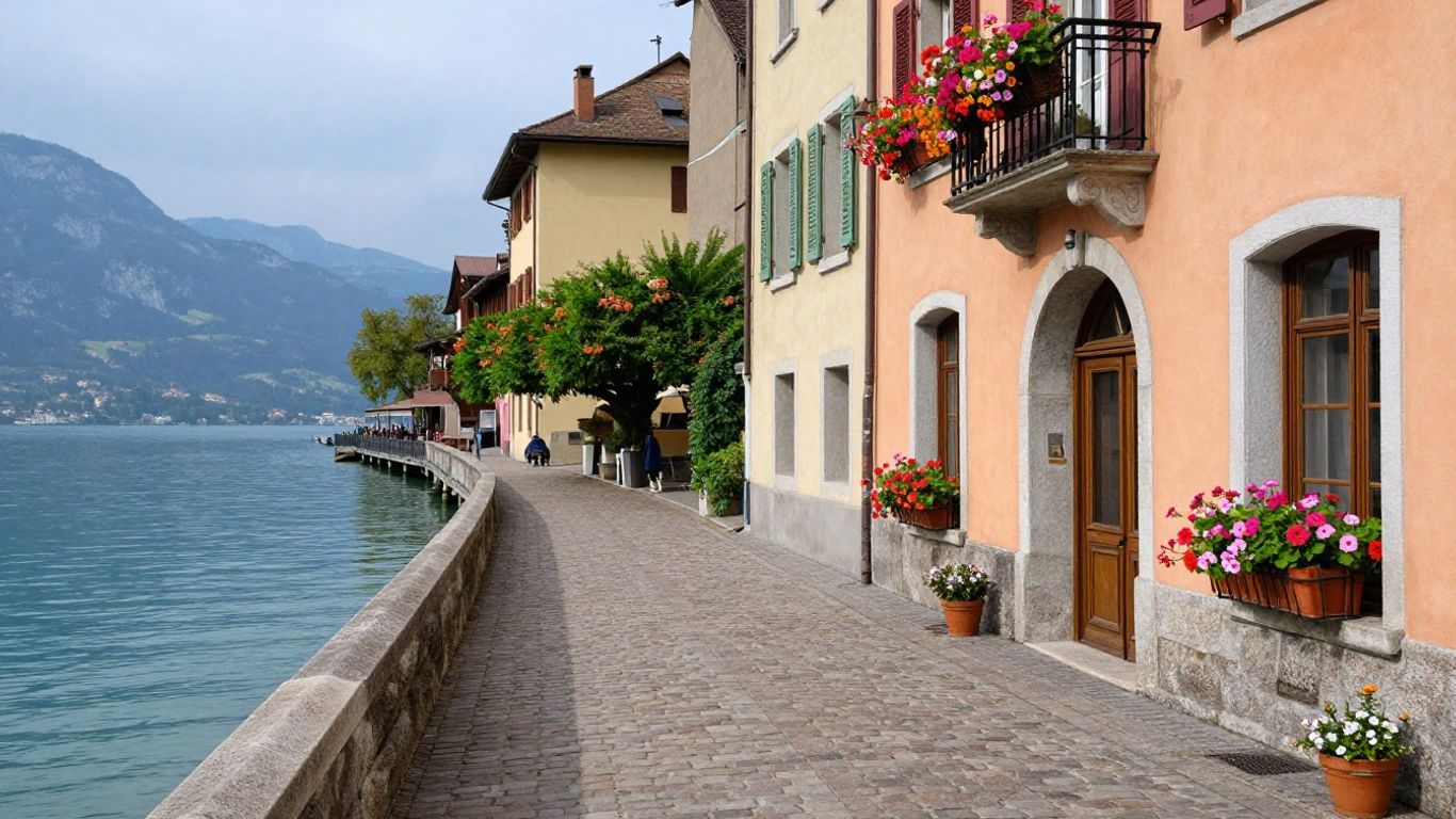 Quiet cobbled street beside Annecy waterways