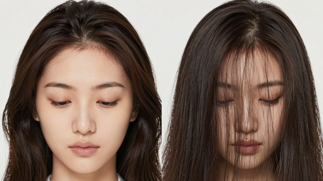 Woman's hair transformation before and after Nutrafol.