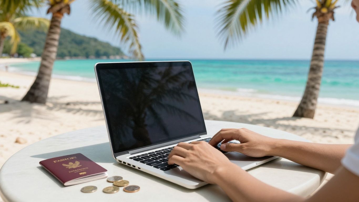 Digital nomad working on a laptop on a Thai beach.