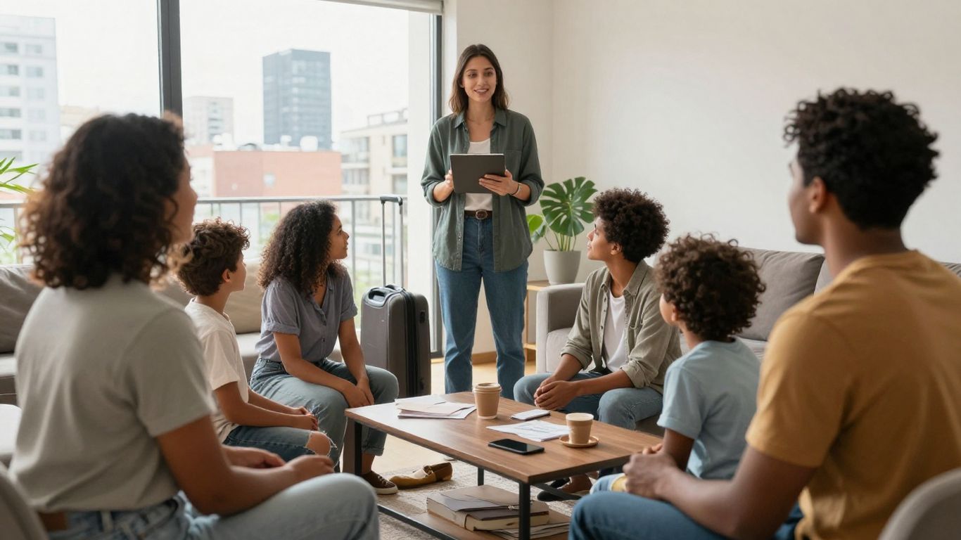 A multicultural family and manager planning a relocation together