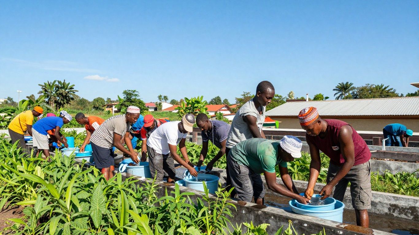 Community collecting rainwater to combat drought.