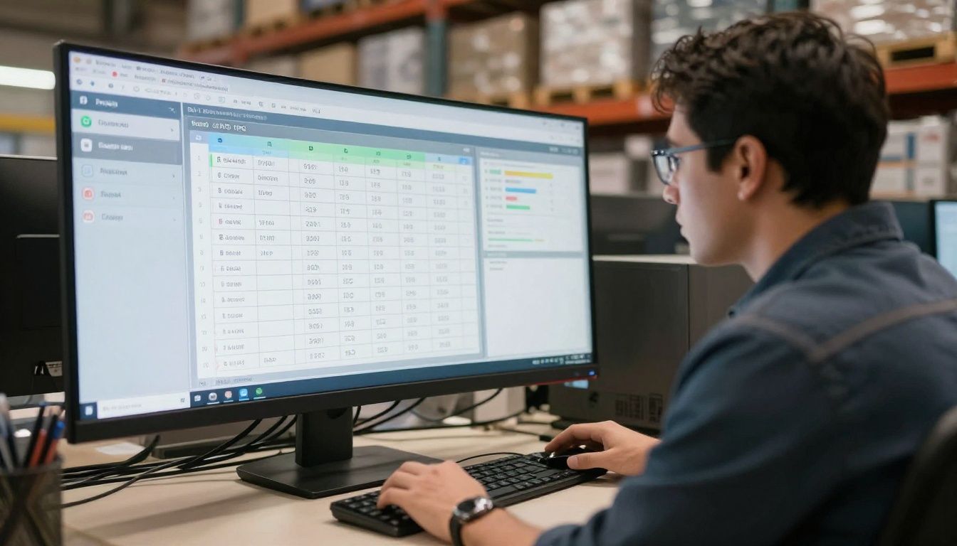 A stylized graphic showing a warehouse manager looking at a dashboard with charts and employee schedules