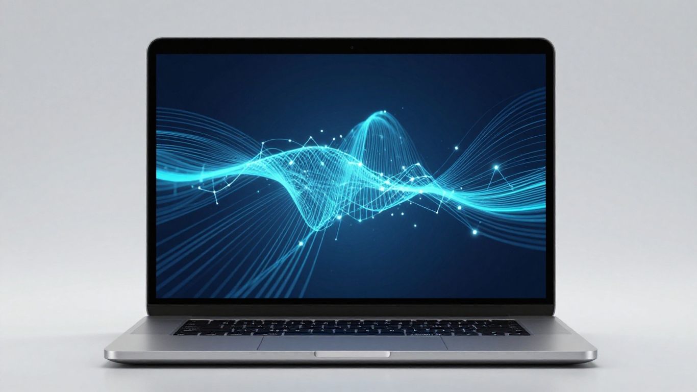 Laptop screen with glowing digital network visualization.
