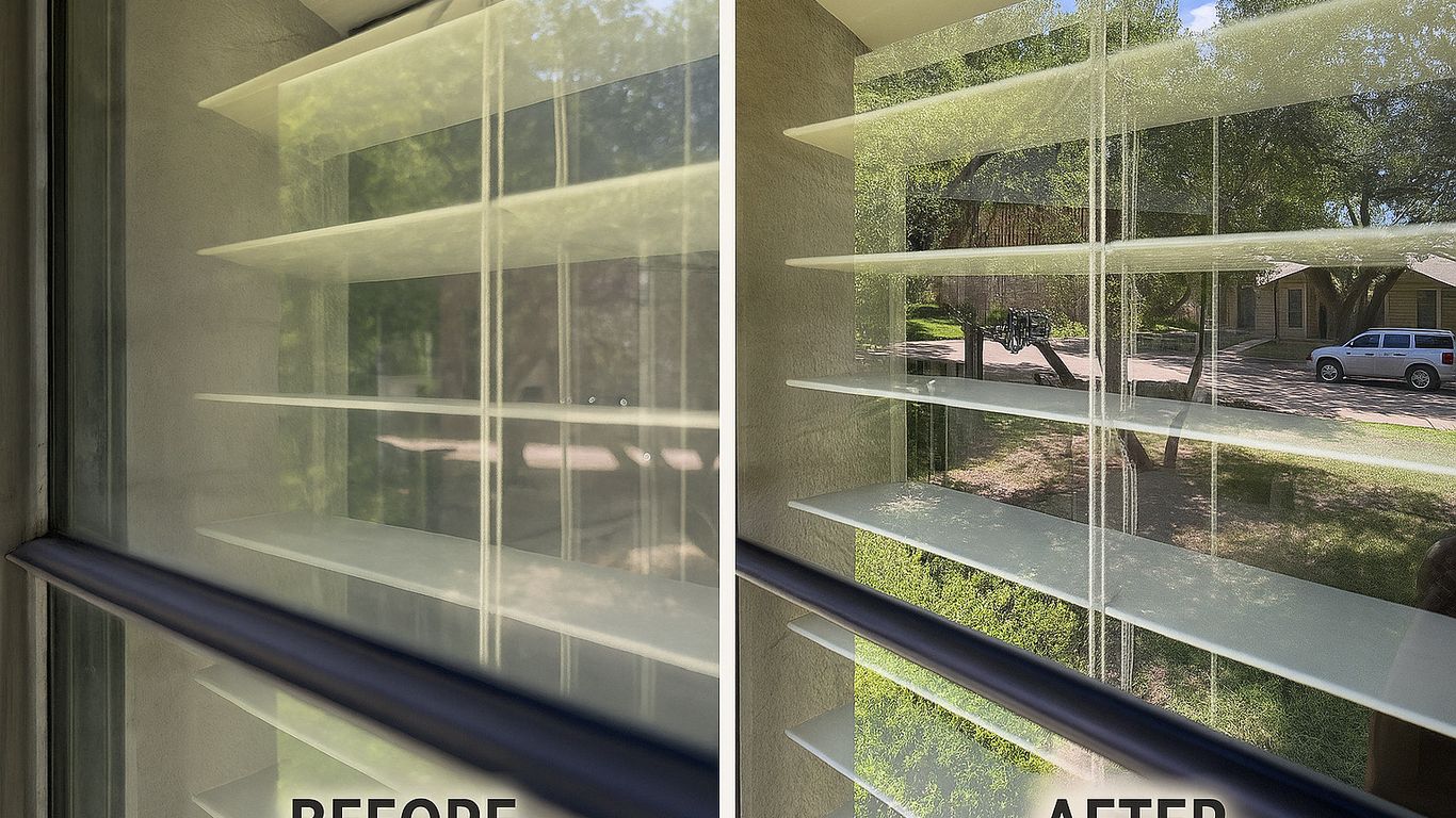 Before and after comparison of window blinds, showing a clearer view outside.