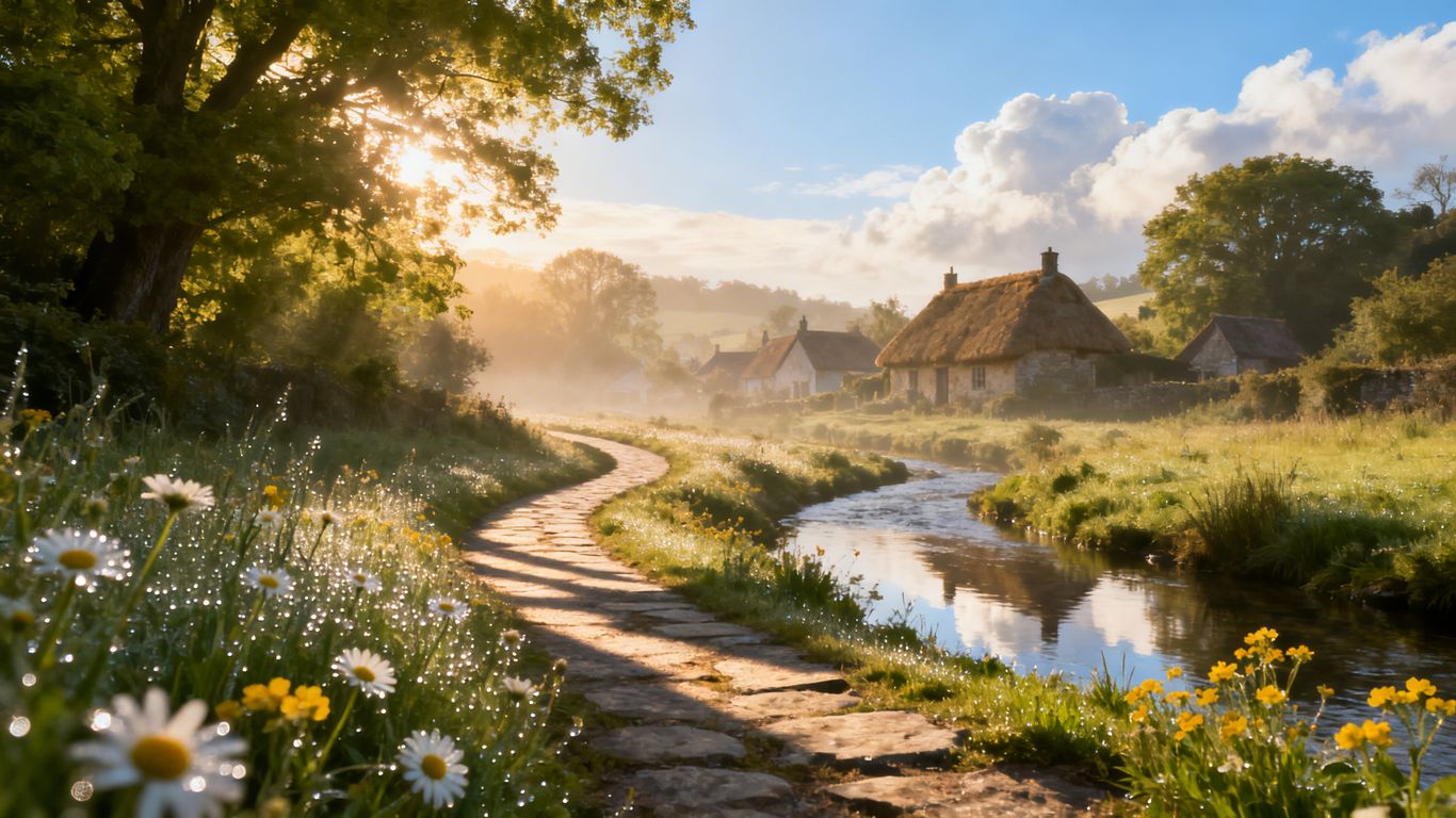Serene landscape with path, village, sunlight, and stream.