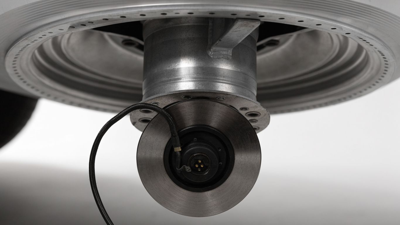 Close view of a wheel hub and sensor