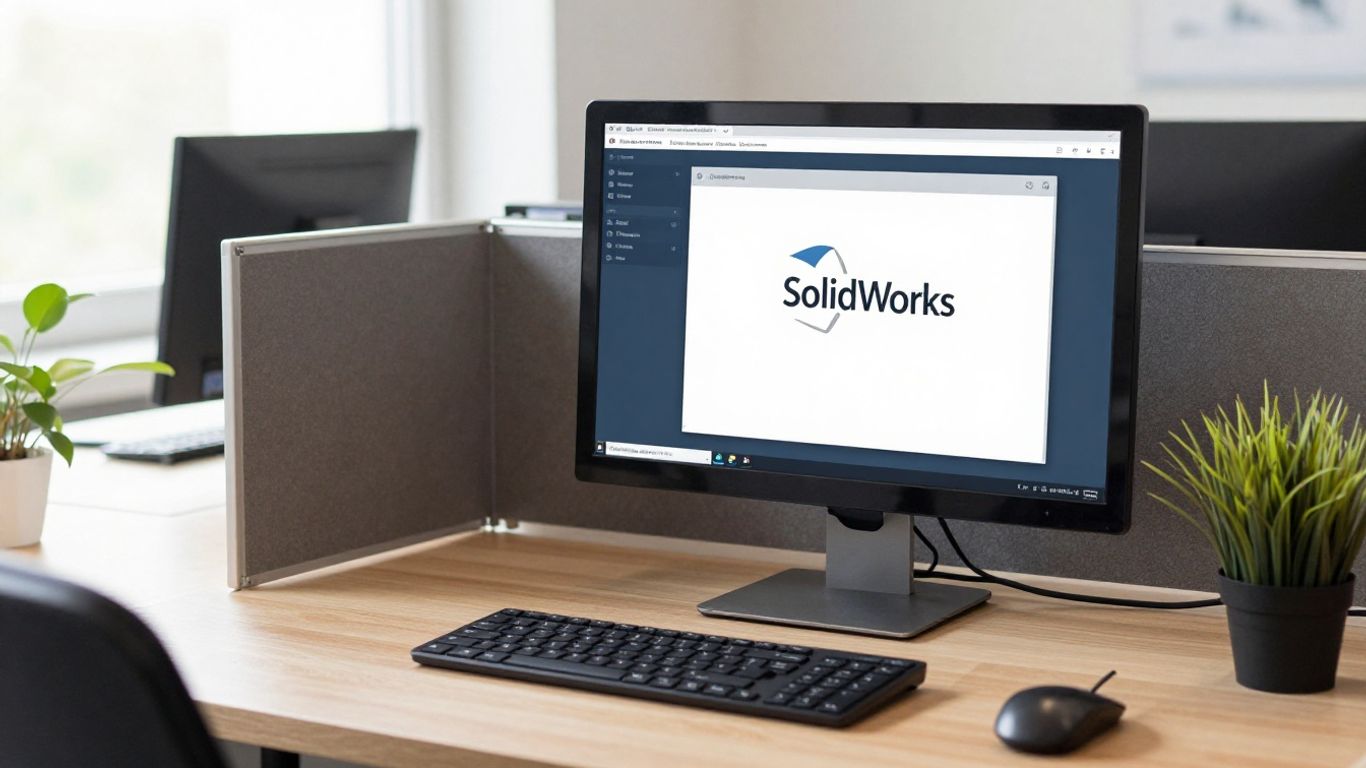 SolidWorks software on a computer screen in an office.