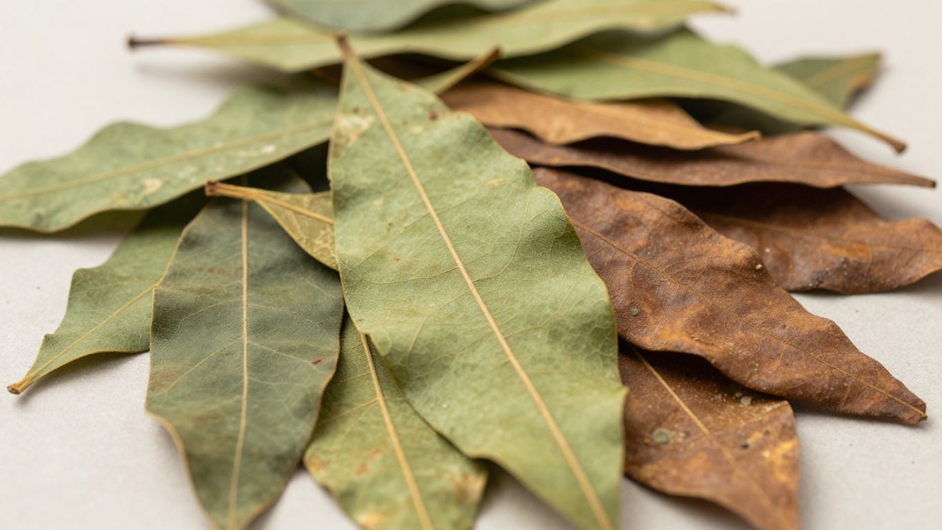 Dried kratom leaves with varied colors and textures.