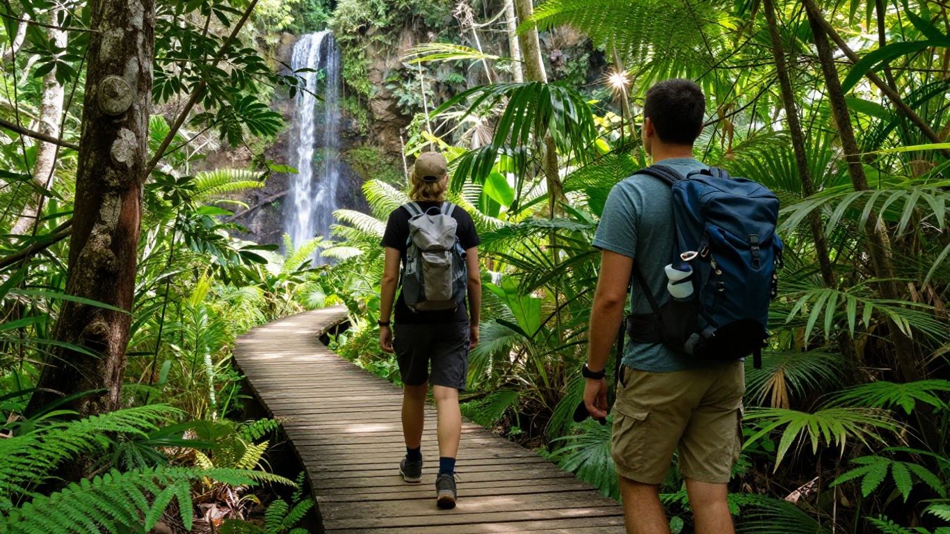 Hikers exploring a lush rainforest track