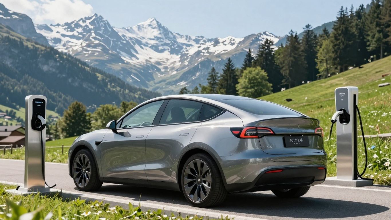Elektroauto lädt an Ladestation in Schweizer Alpen