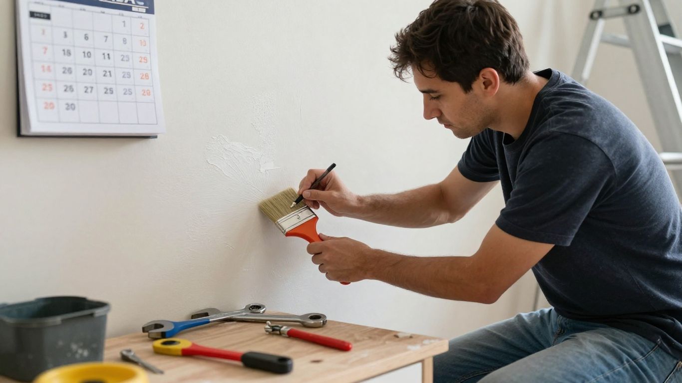 Homeowner performing maintenance with tools and calendar.