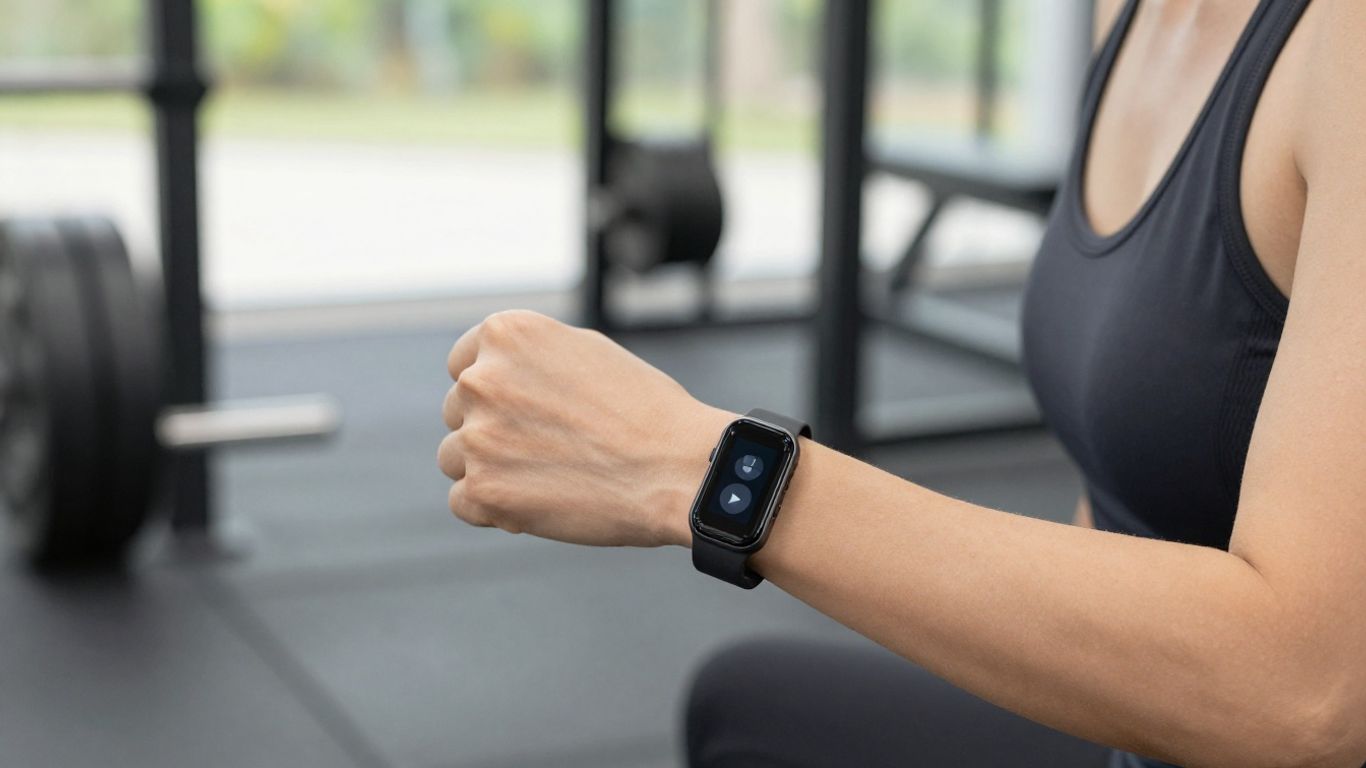 Person using fitness tracker during workout.