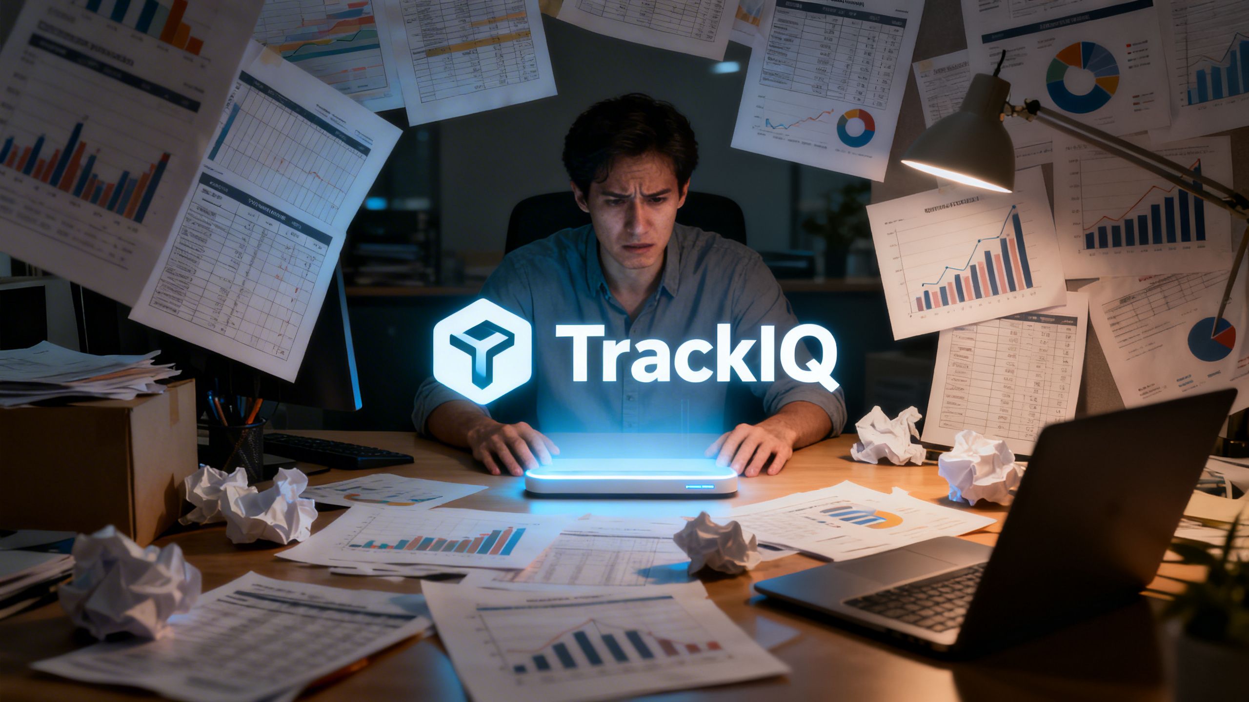 A frustrated eCommerce seller surrounded by messy spreadsheets and charts, with a clean, simple TrackIQ dashboard shining in the center.