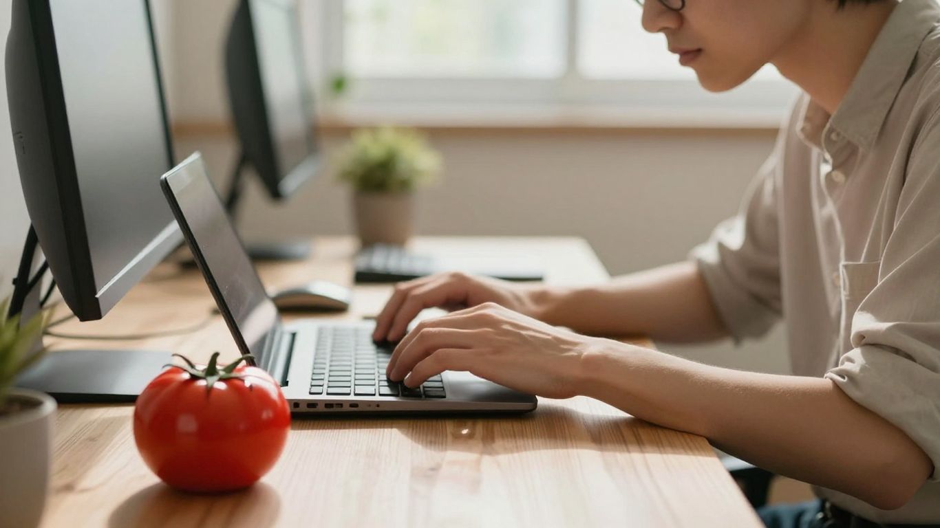 Person working with a Pomodoro timer on desk.
